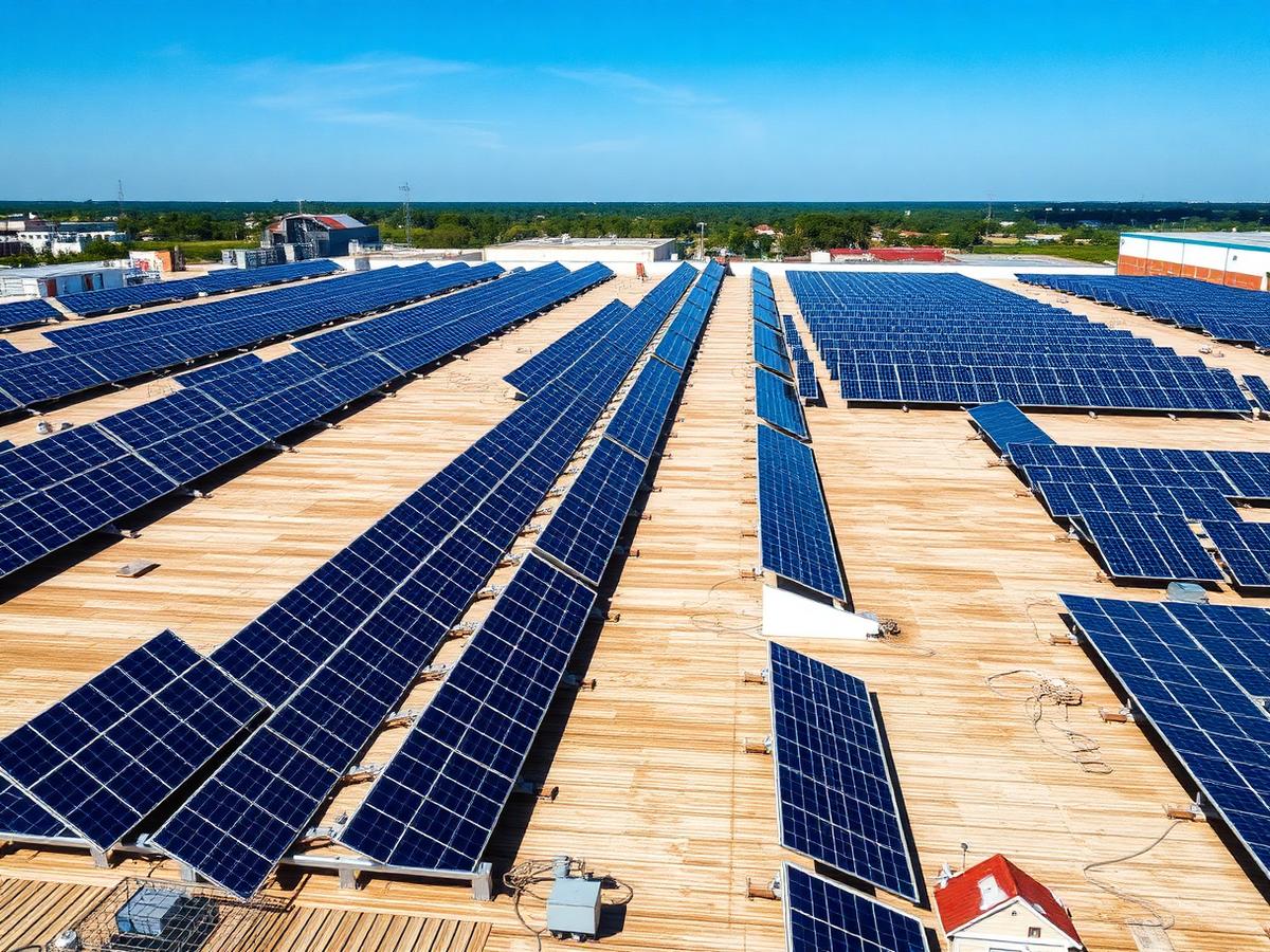 Usina fotovoltaica instalada sobre a cobertura de um galpão comercial